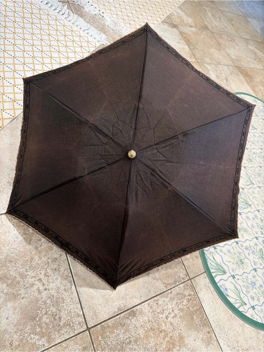 Celine Black Compact Umbrella with Gold Lace Trim - Picture 13 of 14